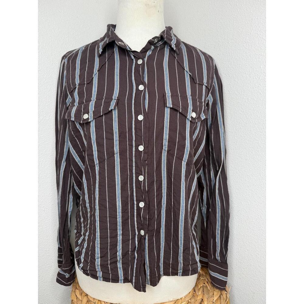THE GREAT. Brown Stripe Western Shirt | Pearl Snap Pockets Size 2
